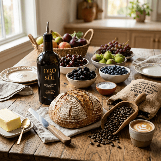 Food and beverages — artisan bread, fruits, olive oil, and coffee